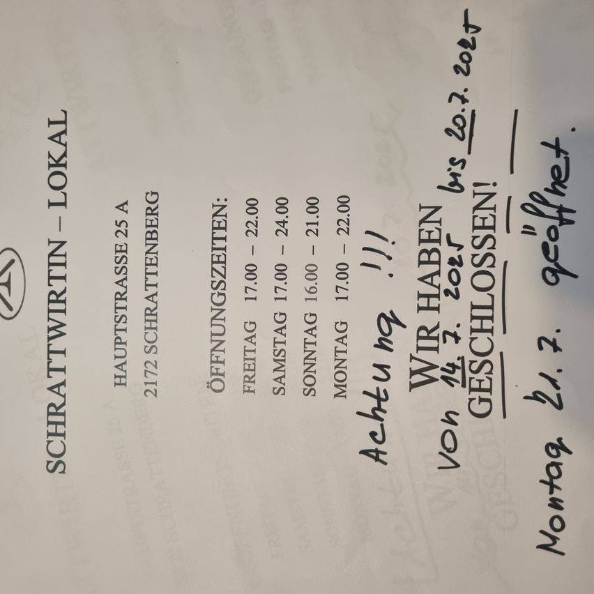 Das Dokument mit dem Titel 'Schrattwirtin - Lokal' zeigt Öffnungszeiten und Daten. Es zeigt, dass der Betrieb vom 20. bis 22. geschlossen ist. Die Adresse ist 2172 Schrattenberg.