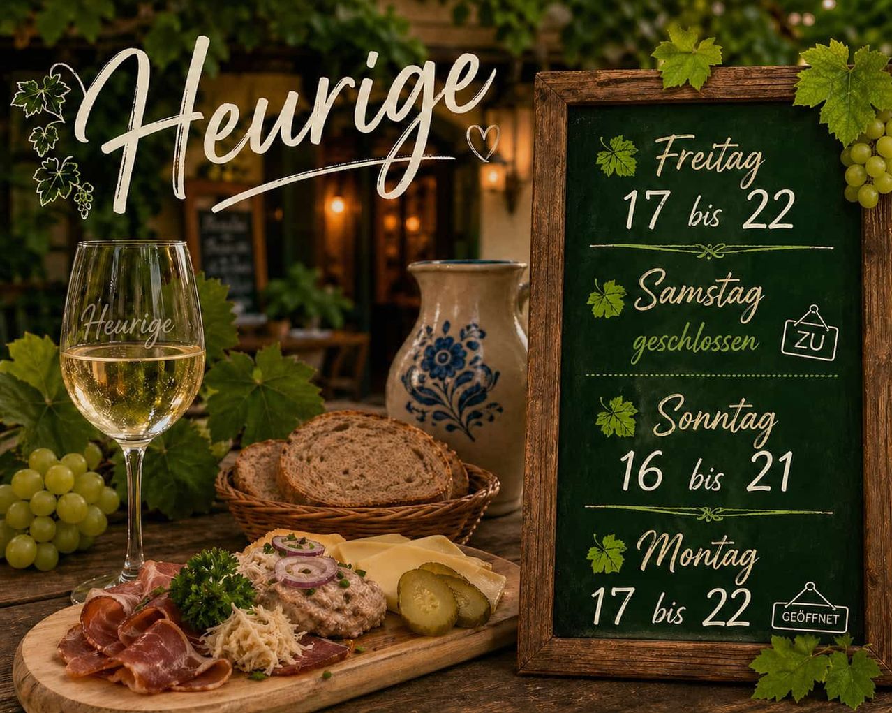 Ein Kreidetafel neben einem Weinglas und einer Essensplatte zeigt die Öffnungszeiten eines Restaurants. Die Tafel zeigt, dass es freitags von 17 bis 22 Uhr geöffnet hat und samstags geschlossen ist.