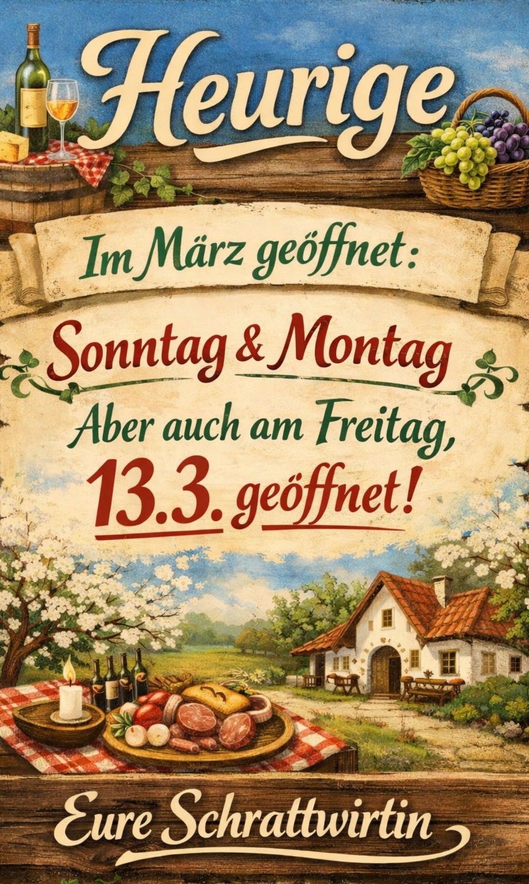 Ein Plakat zur Ankündigung eines offenen Hauses. Es ist sonntags und montags geöffnet, auch am Freitag, dem 13. März. Das Plakat zeigt ein Landhaus mit Garten und Picknick-Setup.