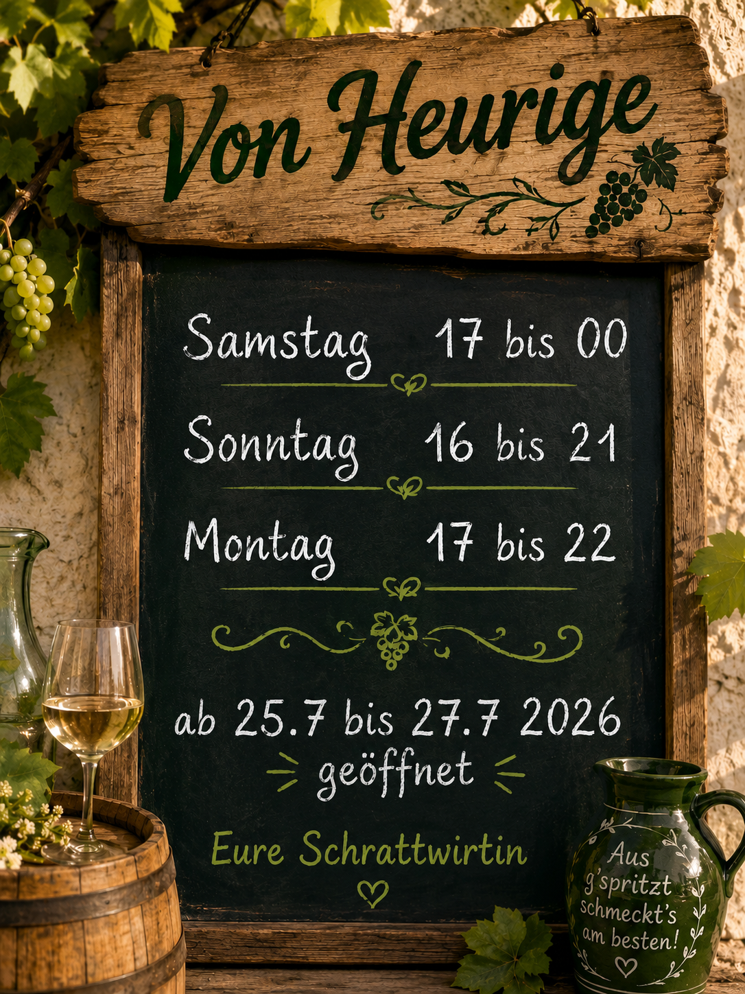 A chalkboard with a wooden frame displays opening hours. It reads 'Samstag 17 bis 00, Sonntag 16 bis 21, Montag 17 bis 22'. Below, it states 'ab 25.7 bis 27.7 2026 geöffnet'. A wine glass and jug are nearby.