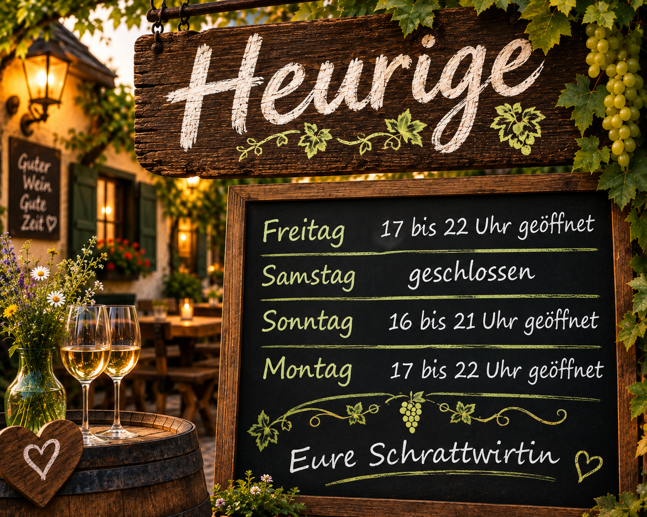 A wooden signboard with the word 'Heurige' hangs above a blackboard with opening hours. Two wine glasses sit on a barrel, and a plant with flowers is nearby.