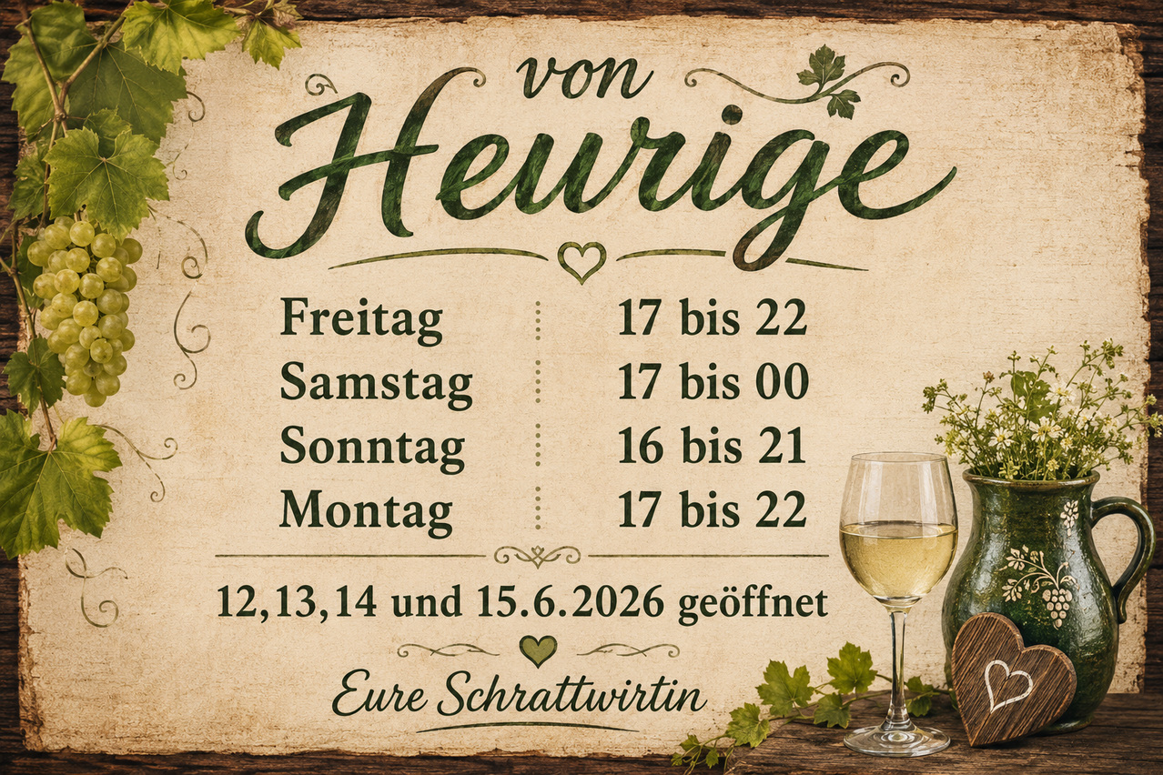 Poster for Heurige. It is open on Friday, Saturday, Sunday and Monday. The hours are from 17 to 22 on Friday and Saturday, 16 to 21 on Sunday, and 17 to 22 on Monday. It will be open on June 12, 13, 14 and 15, 2026. Your Schrattwirtin.