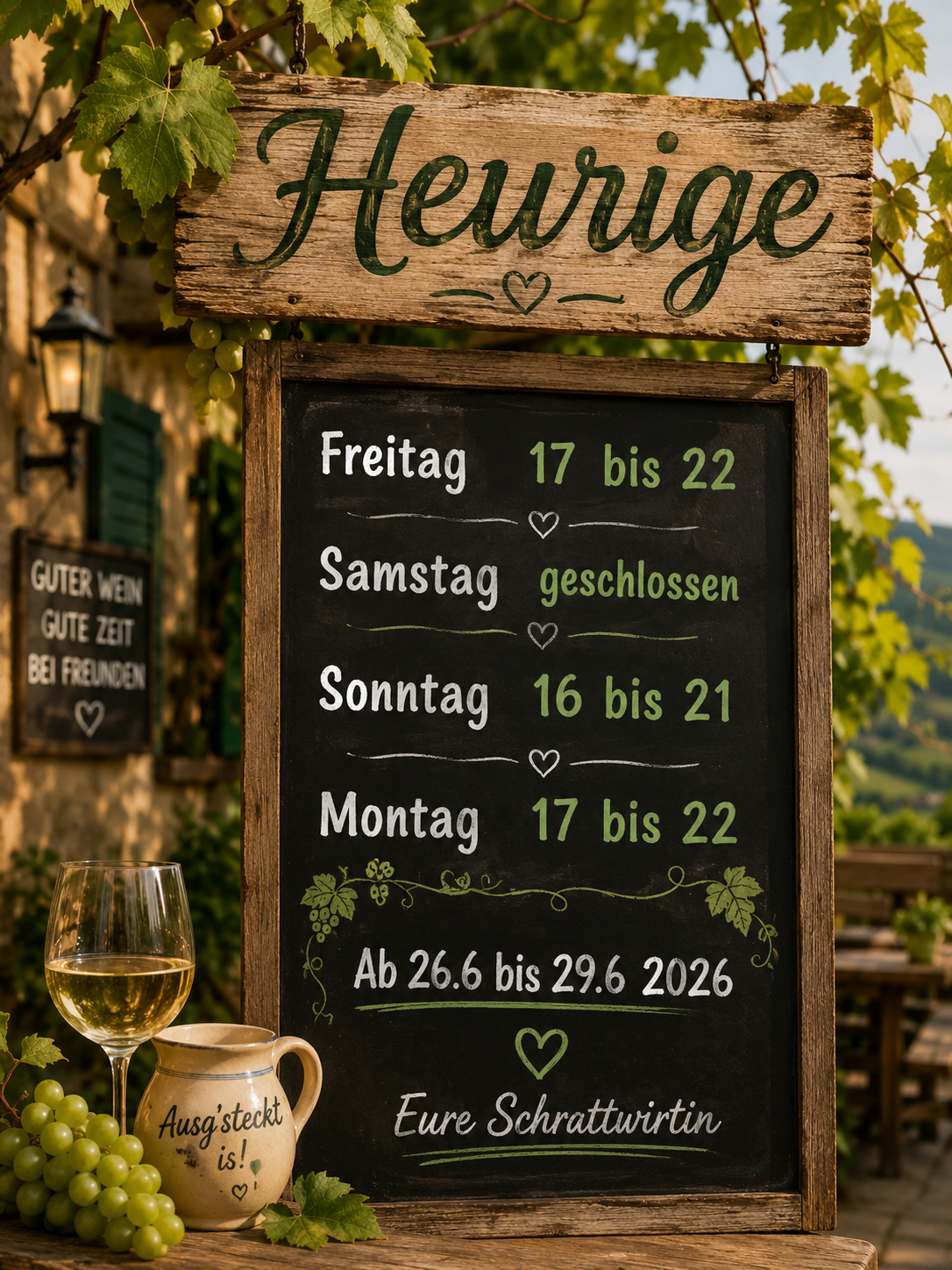 Ein Tafel zeigt die Öffnungszeiten von Heuberge: Freitag und Samstag geschlossen, Sonntag 16 bis 21, Montag 17 bis 22, vom 26. Juni bis 29. Juni 2026. Ein Krug und ein Weinglas stehen auf dem Tisch.
