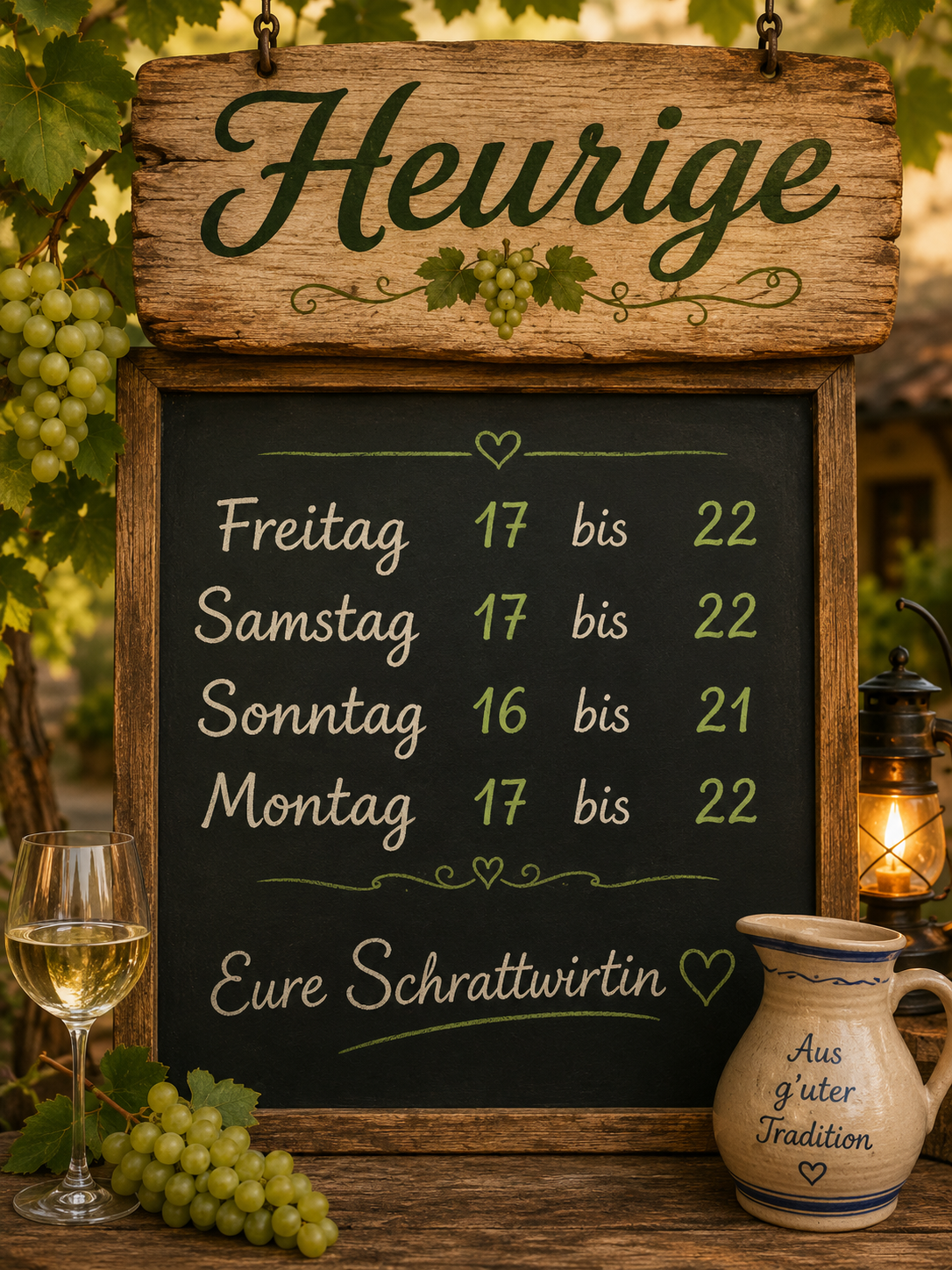 A blackboard with a wooden frame displays opening hours, from Friday to Monday. A wine glass, a jug, and a lantern are placed nearby. Grapes hang from a vine.