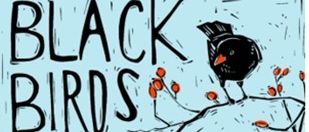 Ein Poster zeigt zwei schwarze Vögel auf einem Ast mit roten Beeren. Der Titel 'Black Birds' steht oben und '13.12' unten. Der Hintergrund ist hellblau.