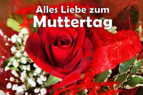 Ein roter Rosenstrauß mit weißen Babys Atem und grünen Blättern, umgeben von roten Blütenblättern. 'Alles Liebe zum Muttertag' ist in Weiß geschrieben.