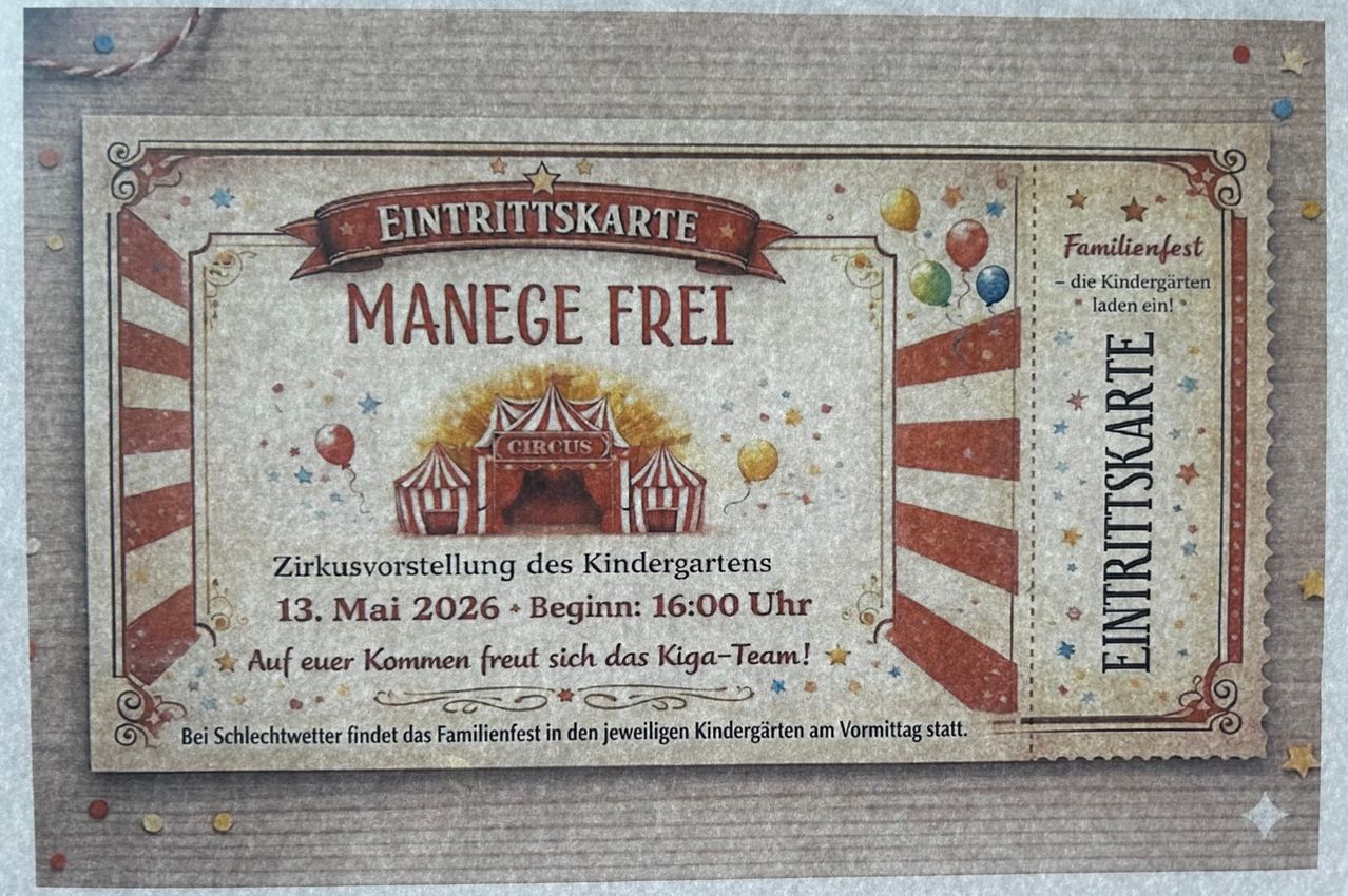 Circus performance invitation for a kindergarten event on May 13, 2026, starting at 4 PM. The family festival will be held at the kindergartens in the morning. Free entrance for children.