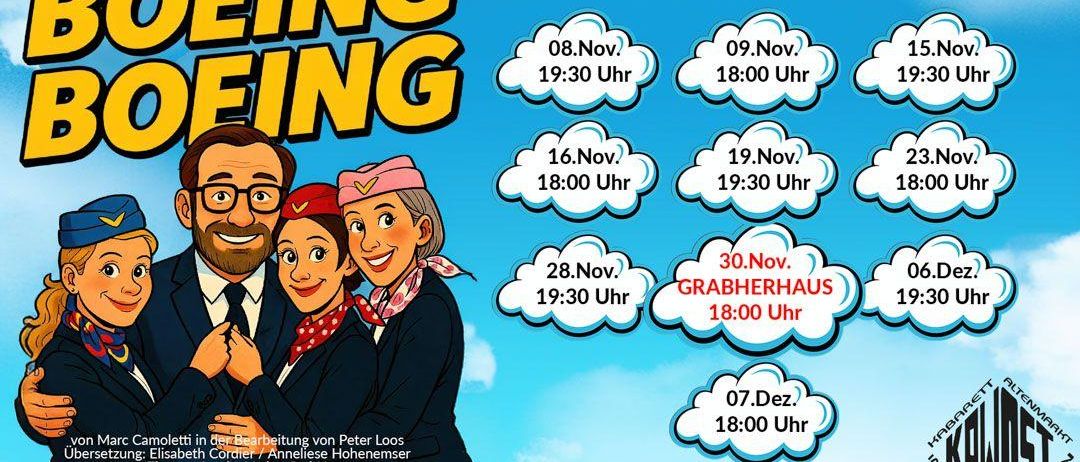 Poster for a theatrical production titled 'Being Boeing'. Features a family dressed as pilots and stewardesses. Dates and times for shows are listed. The ticket price is 15 euros, with a 20 euro premiere.