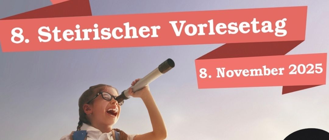 An advertisement for the reading day in Steiermark. A girl is holding a telescope and reading a book. QR code is present. Date: 8 November 2025.