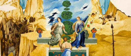 Ein Gemälde zeigt zwei Frauen in klassischer Kleidung, eine hält einen Kranz, und einen Mann in blauen Gewändern, alle in einer Wüstenlandschaft mit Bergen, einem Regenbogen und einem Baum.