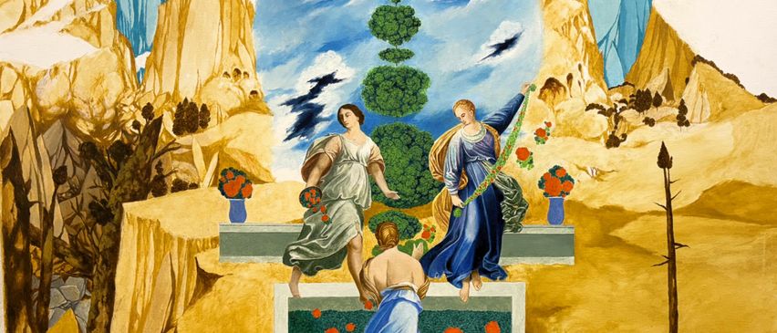 Ein Gemälde zeigt zwei Frauen in klassischer Kleidung, eine hält einen Kranz, und einen Mann in blauen Gewändern, alle in einer Wüstenlandschaft mit Bergen, einem Regenbogen und einem Baum.