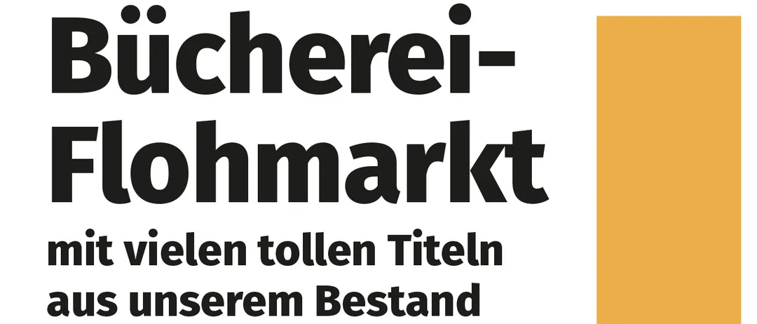 A poster advertises a book flea market with many titles from the library's collection. The event runs from April 13 to April 30, 2026. Location details include Augustinerplatz 2, 8280 Fürstenfeld, phone number 03382/54847.