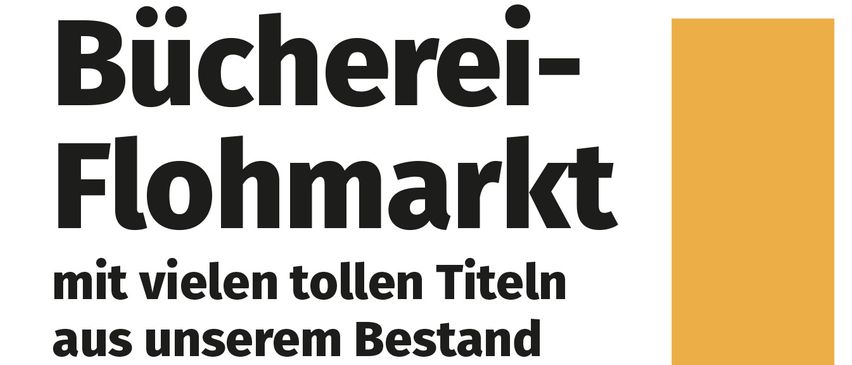 A poster advertises a book flea market with many titles from the library's collection. The event runs from April 13 to April 30, 2026. Location details include Augustinerplatz 2, 8280 Fürstenfeld, phone number 03382/54847.
