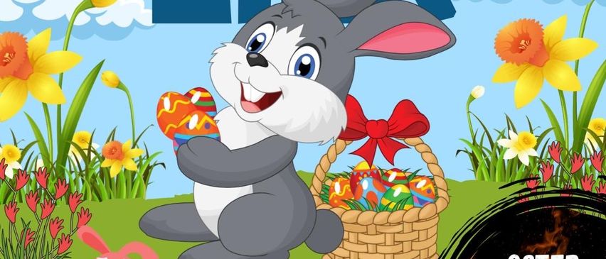 An Easter egg hunt with a bunny holding a basket of eggs on April 4, 2026 at 5:00 PM.