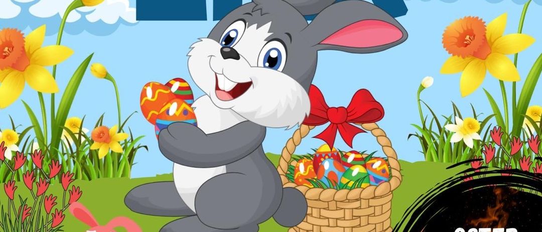 Eine Ostereiersuche mit einem Hasen, der einen Korb voller Eier hält, am 4. April 2026 um 17:00 Uhr.