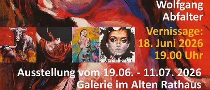 Plakat für die Kunstausstellung 'sichts sache' von Wolfgang Abfalter mit rotem Hintergrund, Gesicht einer Frau und verschiedenen Kunstwerken. Die Ausstellung läuft vom 19. Juni bis 11. Juli 2026 mit Öffnungszeiten von 10-12 und 17-19 Uhr.