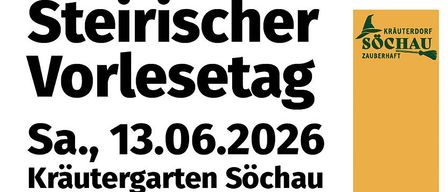 Flyer for the Styrian Reading Day in Söchau on June 13, 2026. Bianca Rosenberger reads 'Lumpat the Troll' with piano music. Activities include herb grinding, herb salt making, snacks, and juices. Hosted by Söchau's herb garden.