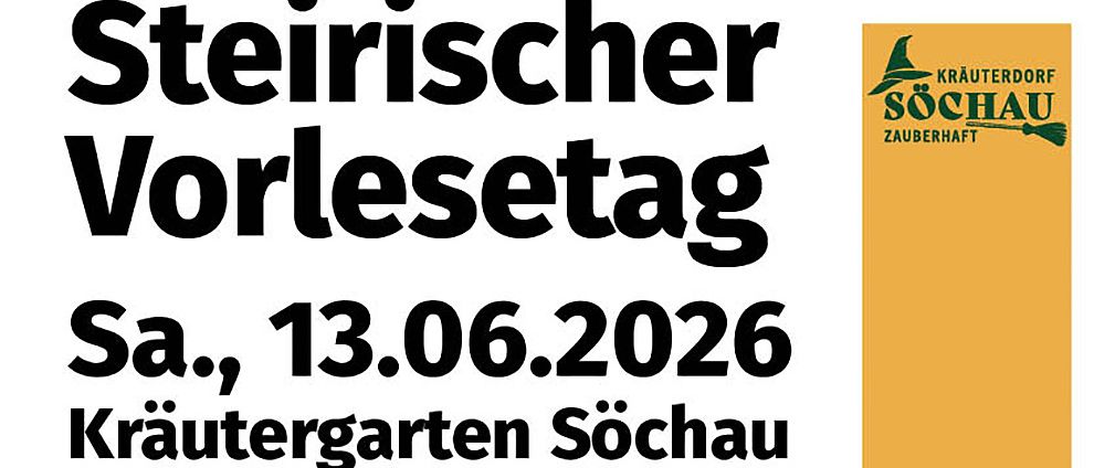 Flyer für den steirischen Vorlesetag in Söchau am 13.06.2026. Bianca Rosenberger liest aus ihrem Buch 'Lumpat der Mülltroll' - mit Klavierbegleitung. Aktivitäten umfassen Kräuterhexe malen, Kräutersalz herstellen, Snacks & Säfte. Veranstaltet im Söchauer Kräutergarten.