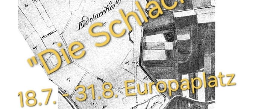 Ein schwarz-weißes Luftbild einer Stadt mit dem Text 'Die Schlacht' und 'Europaplatz' in gelber Schrift. Das Bild enthält auch eine Karte mit dem Text 'Fitzgerald' und 'Biolachero'.