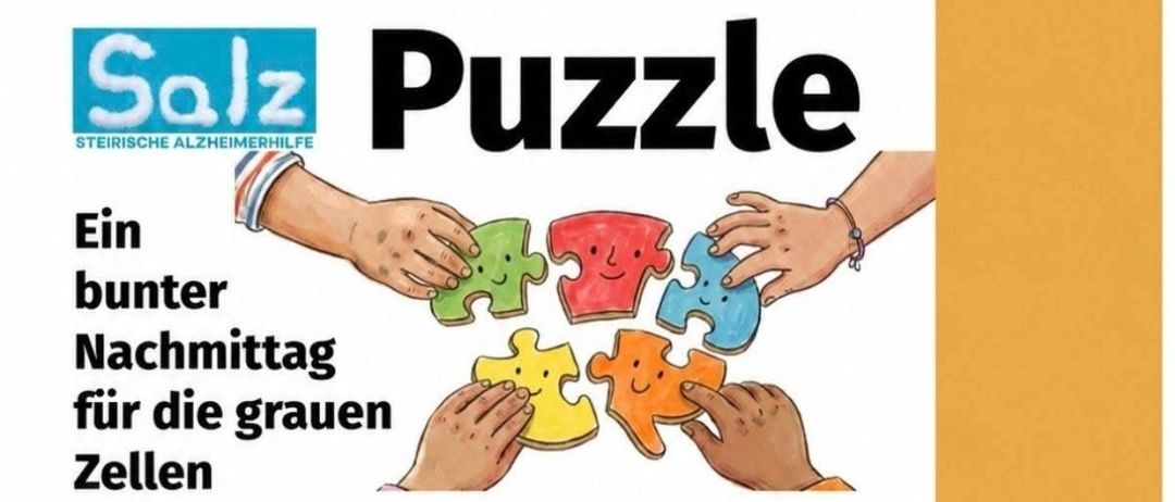 Plakat für ein Gehirn-Puzzle-Event am 21.09.2026 um 16 Uhr in der Stadtbibliothek Furstenfeld. Hände, die Puzzleteile halten, sind abgebildet.