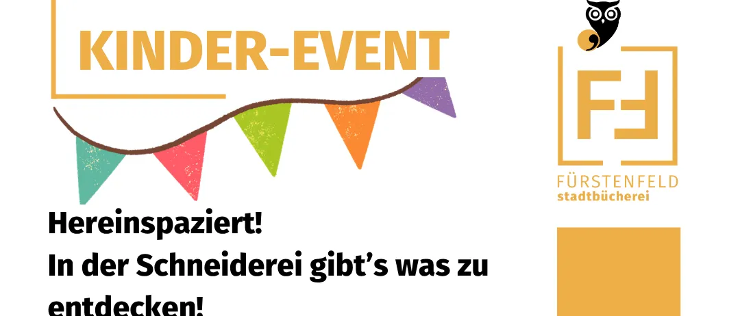 A poster for a children's event at a tailoring shop. It features a woman in glasses, a logo, and details about the event date, time, and location.
