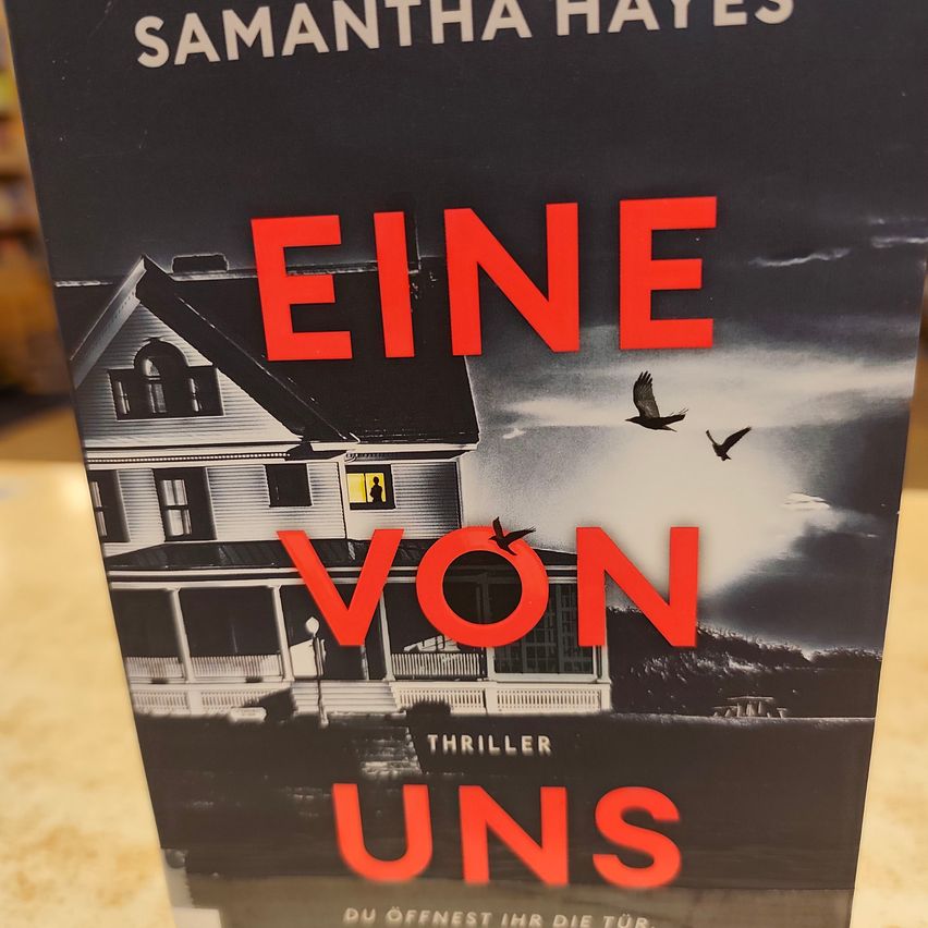 Ein Thriller-Buchcover von Samantha Hayes. Das Cover zeigt ein großes Haus mit einem stürmischen Himmel im Hintergrund. Zwei Vögel fliegen über das Haus.