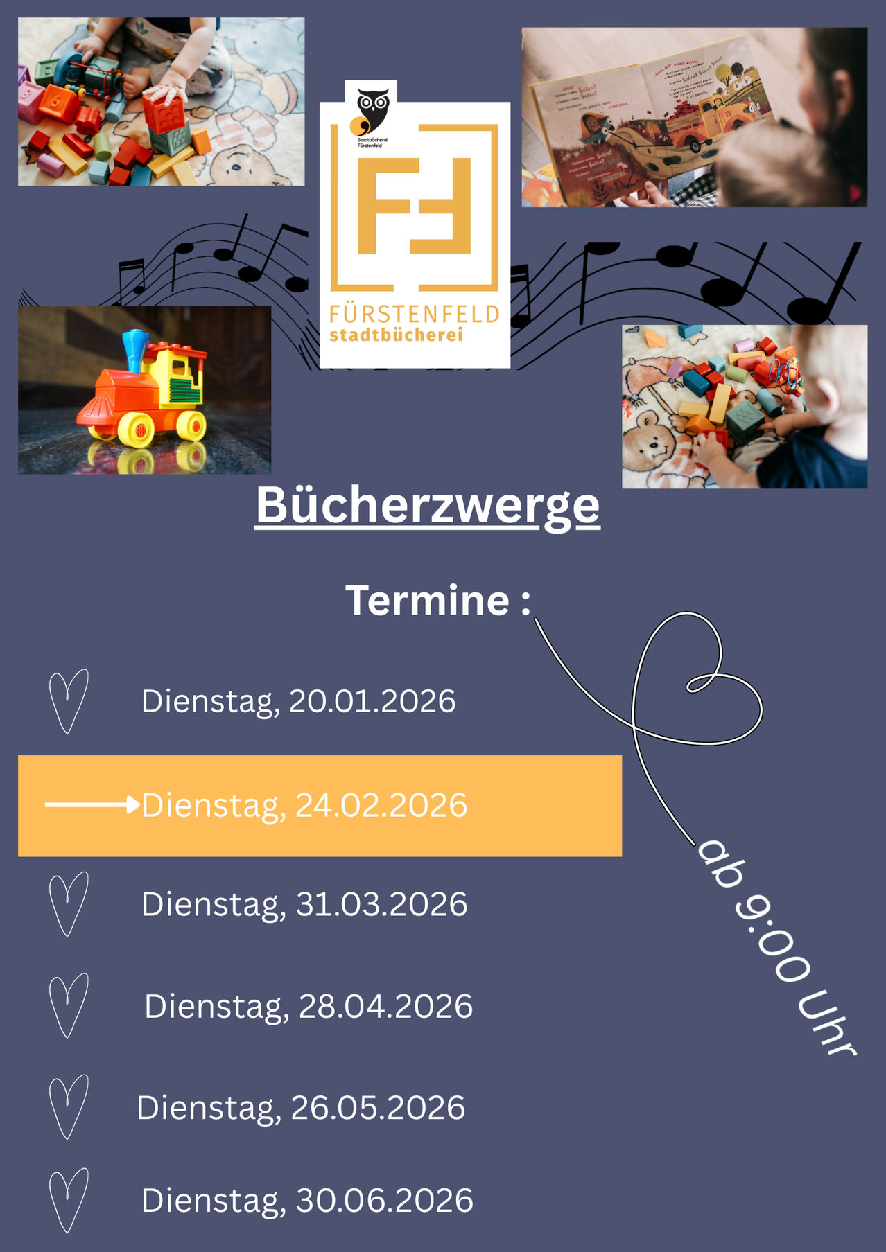 Plakat mit Buchthema. Es enthält ein Logo, Bilder eines Spielzeugzugs und eines Kindes, das mit Bauklötzen spielt. Termine für Dienstage im Januar, Februar, März und April 2026 sind aufgelistet. Die Zeit ist 9:00 Uhr.