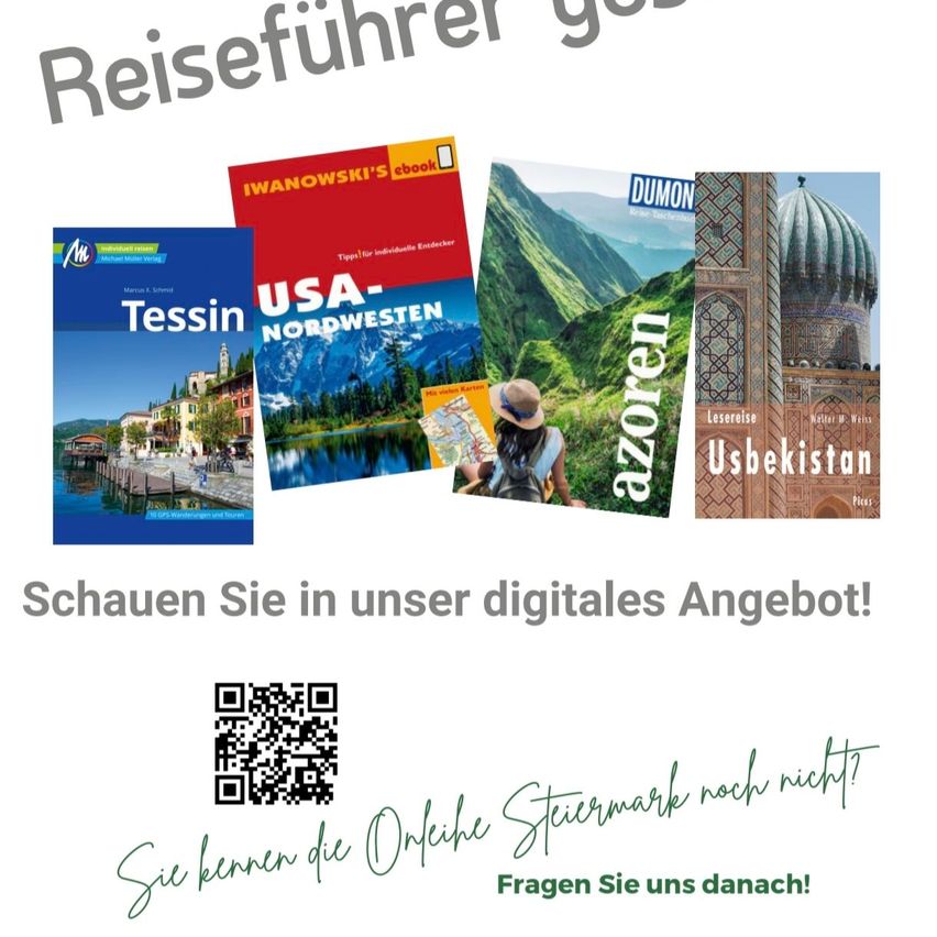 A poster advertising travel books with images of various locations and a QR code for more information.