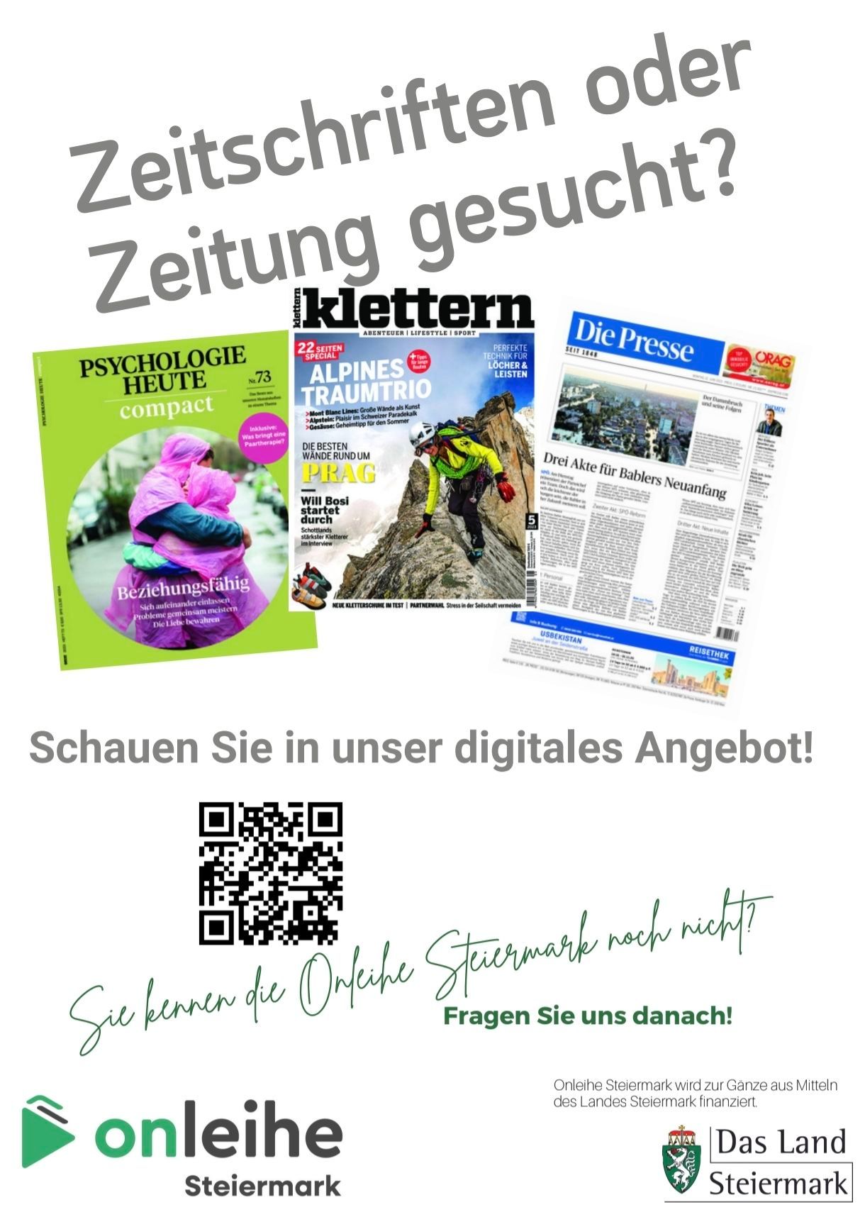 A poster displays three magazines: Psychologie Heute, Alpens Traumtrio, and Die Presse. The magazines are shown with a QR code and a call to action to explore the digital offer.