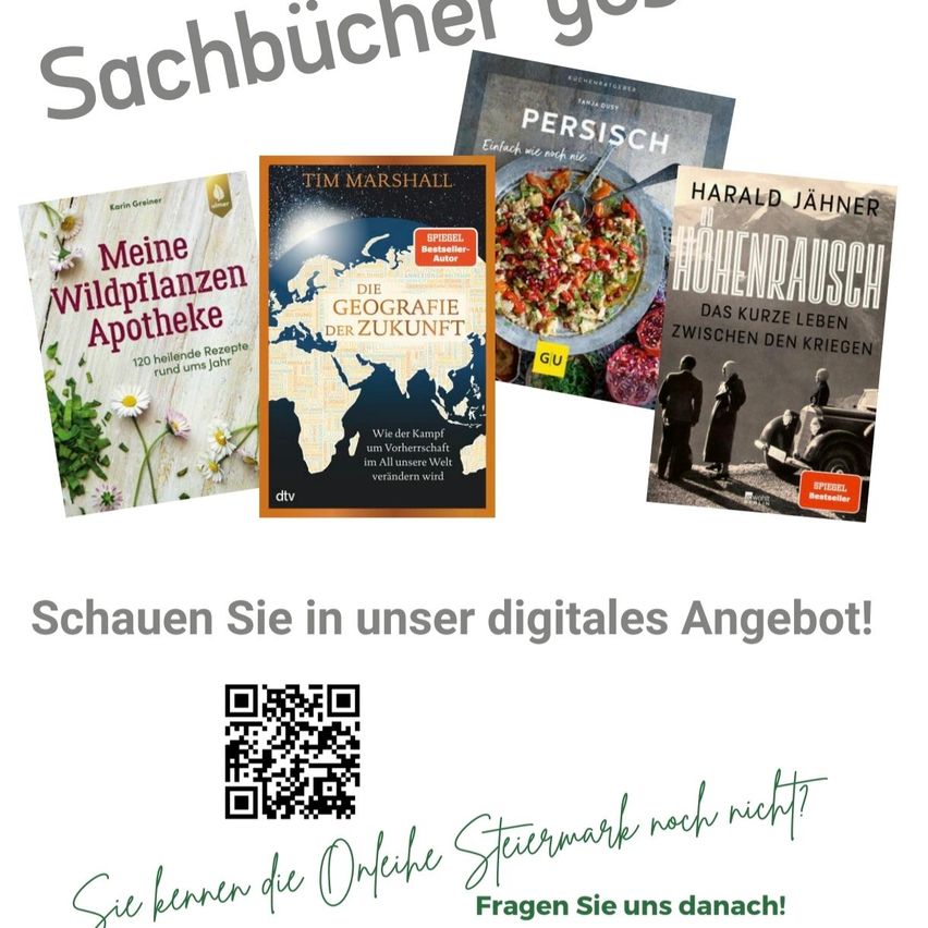 A collage of four book covers with a QR code and a call to action for digital offers. The books are titled 'Meine Wildpflanzen Apotheke', 'Die Geographie der Zukunft', 'Persisch', and 'Hohenrausch'. The collage also includes a QR code for scanning.