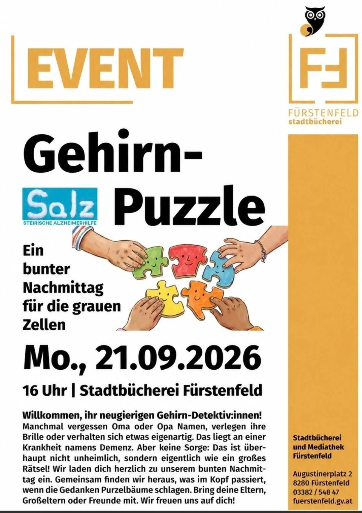 Plakat für ein Puzzle-Event in der Stadtbibliothek Furstenfeld am 21.09.2026. Es zeigt Hände, die Puzzleteile halten, und einen bunten Hintergrund.
