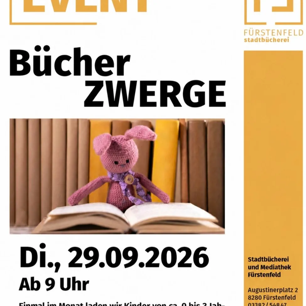 A poster for a children's event featuring a pink crocheted rabbit sitting on an open book. The event is titled 'Bucher Zwerge' and is scheduled for September 29, 2026, starting at 9 AM.
