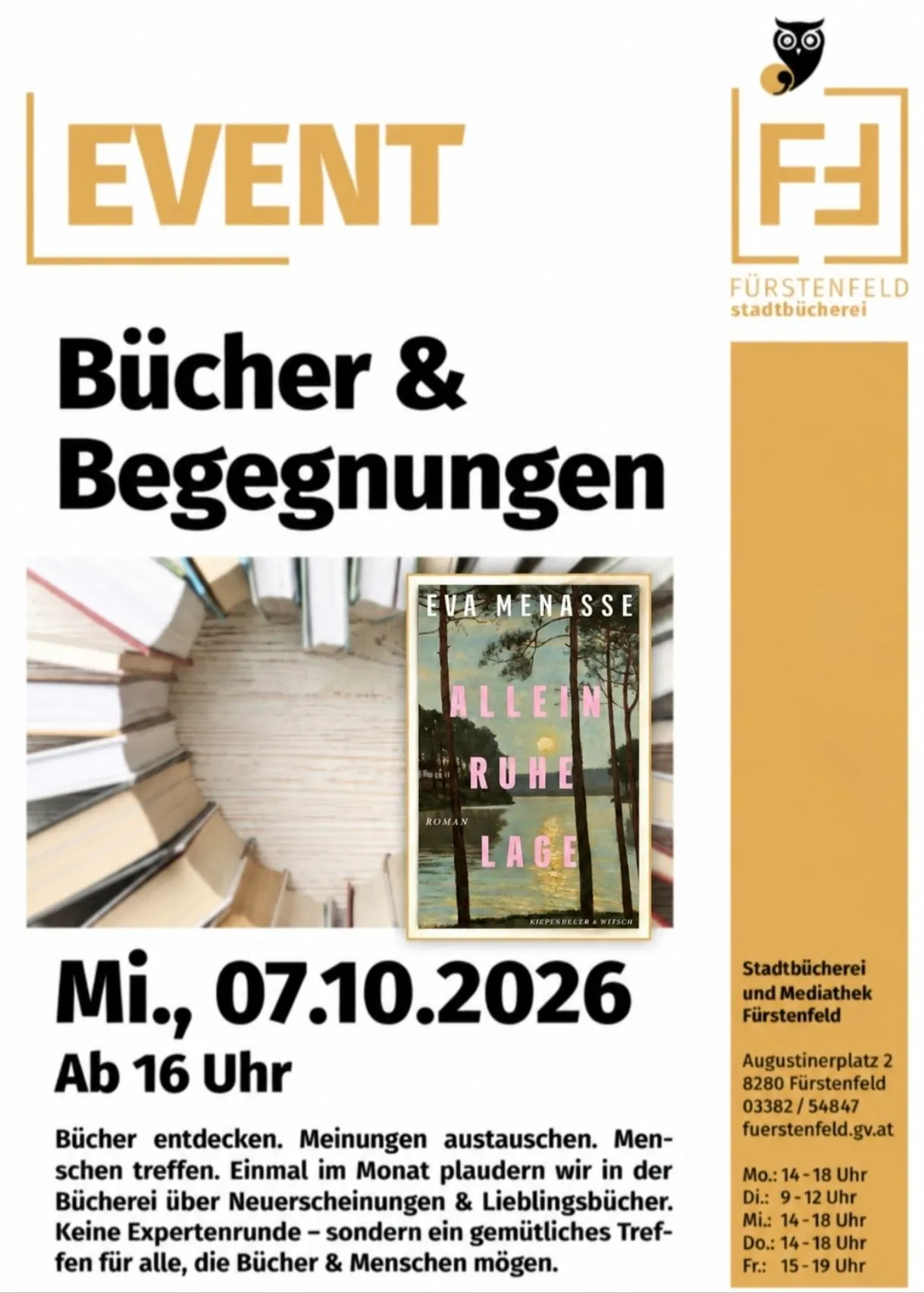 Plakat für eine Buchveranstaltung mit Eva Menasse's Roman 'Allein in Ruhe Lage'. Die Veranstaltung ist für den 7. Oktober 2026 um 16 Uhr geplant.