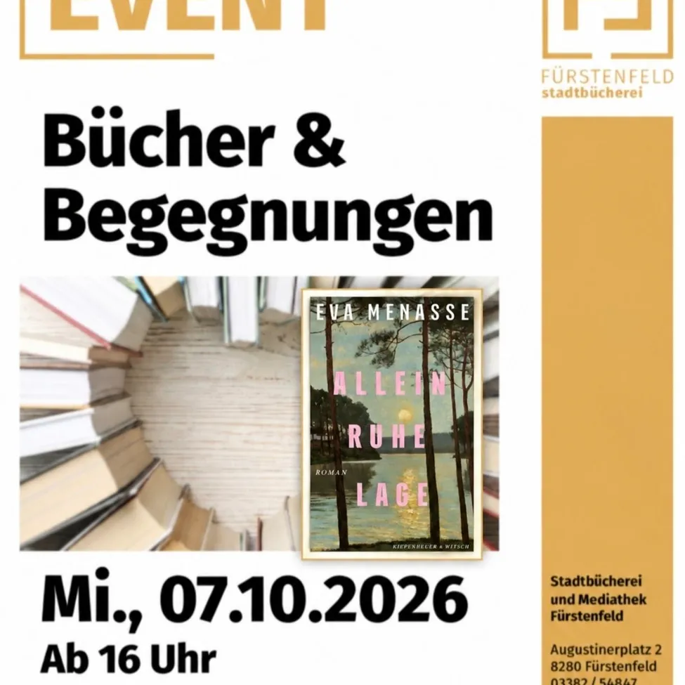 Poster for a book event featuring Eva Menasse's novel 'Allein in Ruhe Lage'. The event is scheduled for October 7, 2026, at 4 PM.