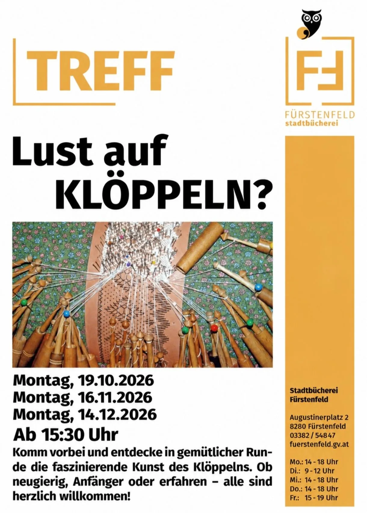 Plakat für einen Workshop zum Spinnen und Weben mit Holzwerkzeugen. Daten und Zeiten sind aufgeführt.