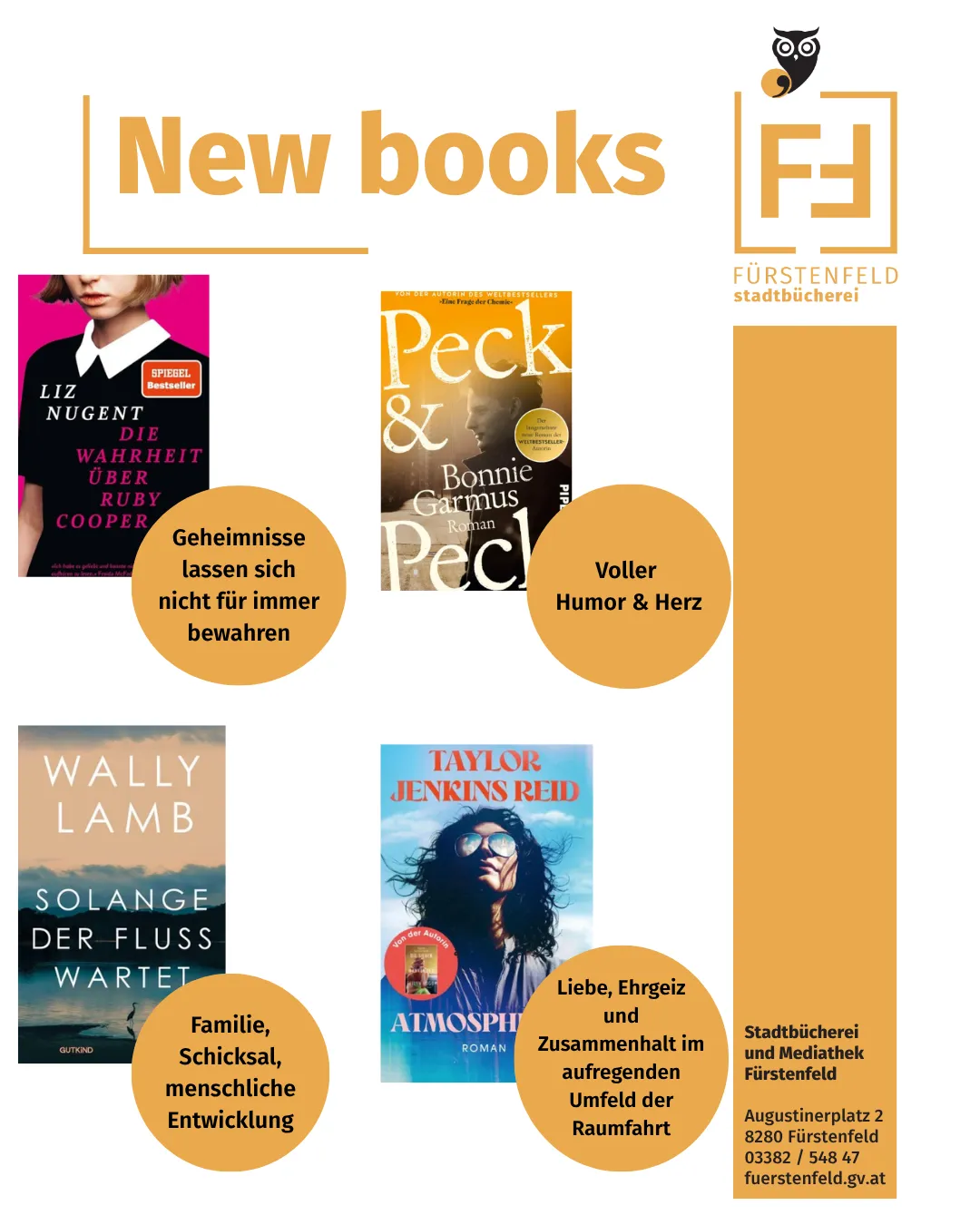 Ein Werbeplakat für neue Bücher. Es zeigt vier Bücher mit ihren Titeln und einer kurzen Beschreibung. Die Bücher sind 'Die Wahrheit über Ruby' von Liz Nugent, 'Peck & Bonnie Garmus', 'Solange der Fluss wartet' von Wally Lamb und 'Atmosphäre' von Taylor Jenkins Reid.