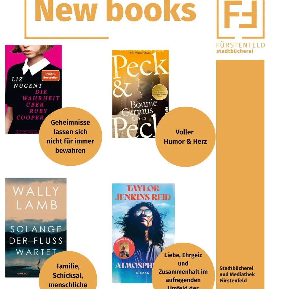 A promotional poster for new books. It features four books with their titles and a brief description. The books are 'Die Wahrheit über Ruby' by Liz Nugent, 'Peck & Bonnie Garmus', 'Solange der Fluss wartet' by Wally Lamb, and 'Atmosphäre' by Taylor Jenkins Reid.