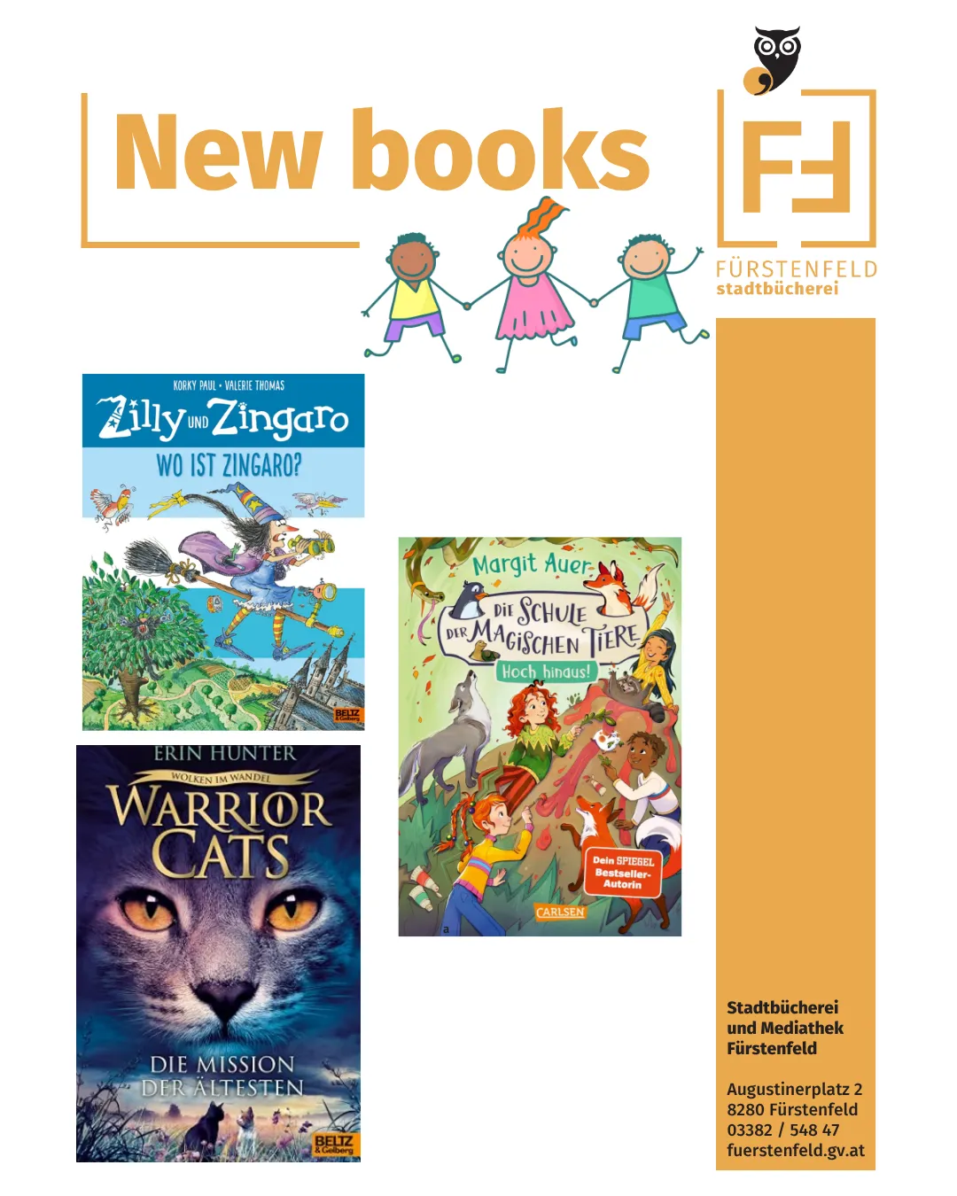 Eine Werbung für eine Kinderbuchhandlung namens Furstenfeld Stadtbucherei. Die Werbung zeigt vier Kinderbücher mit ihren Titeln und Autoren.