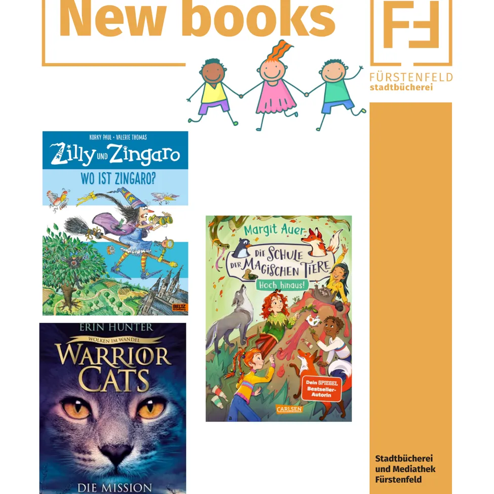 An advertisement for a children's book store called Furstenfeld Stadtbucherei. The ad features four children's books with their titles and authors displayed.