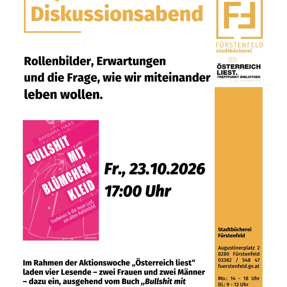 A poster for a discussion event titled 'Diskussionsabend' featuring a book cover of 'Bullshit mit Blümcehnkleid'.