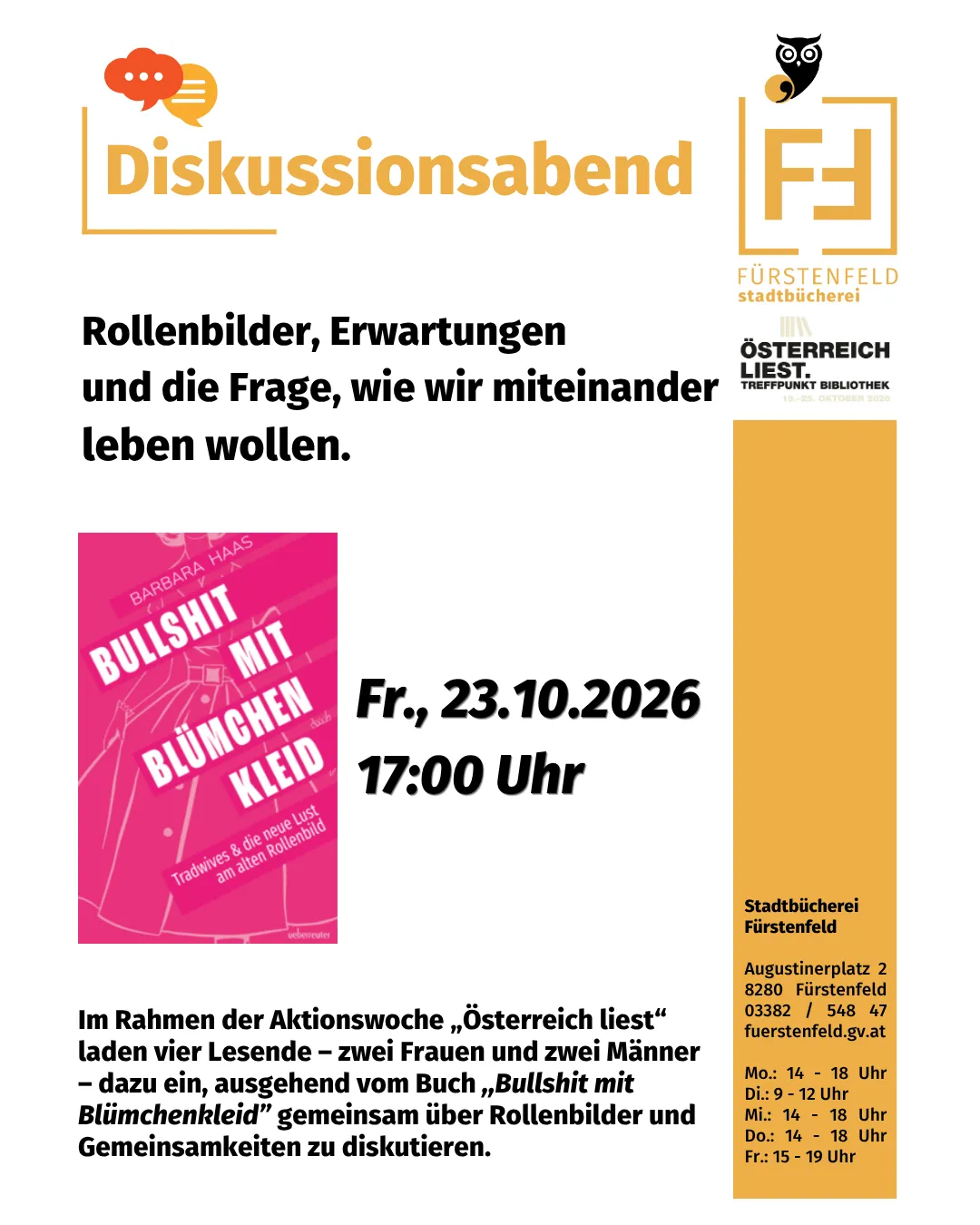 Ein Plakat für eine Diskussionsveranstaltung mit dem Titel 'Diskussionsabend', das das Buchcover von 'Bullshit mit Blümcehnkleid' zeigt.