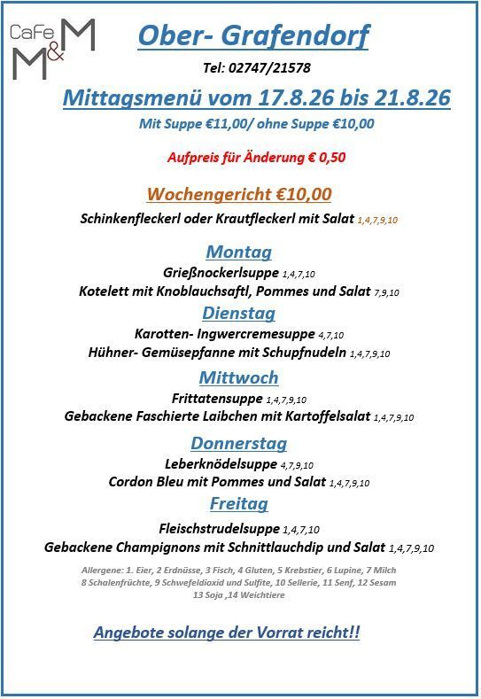 A menu from Ober-Grafendorf Cafe for August 17th to August 21st, 2026, featuring daily lunch options with prices and ingredients listed. The menu includes various dishes with soup or without, along with allergen information.