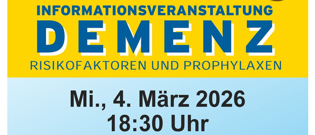 Ein Plakat für eine Informationsveranstaltung zu Demenz-Risikofaktoren und -Prävention. Datum: 4. März 2026, Zeit: 18:30 Uhr. Ort: Gemeindezentrum Rathausplatz 1, 3032 Eichgraben. Der Eintritt ist frei.