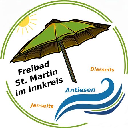 Eine Illustration mit einem grünen Regenschirm und einer Sonne, mit Text, der auf Freibad St. Martin im Innkreis Antiesen links und Dießseits rechts zeigt.