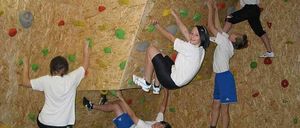 Fünf Kinder klettern an einer Holzkletterwand. Einige stehen, andere hängen und einer ist kopfüber.