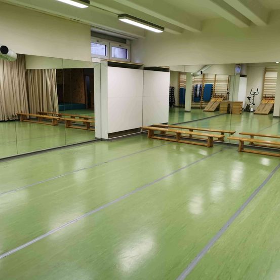 Ein leerer Fitnessraum mit grünem Boden, Holzbänken und einer großen Spiegelwand. Es gibt auch Trainingsgeräte und eine weiße Wand im Raum.