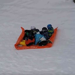 Fünf Kinder rodeln einen schneebedeckten Hügel hinunter auf einem orangefarbenen Schlitten und tragen Helme und Winterkleidung.