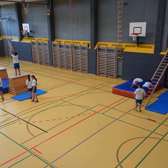 Ein Fitnessstudio mit mehreren Kindern, die an körperlichen Aktivitäten teilnehmen. Ein Kind klettert an einem Seil, während andere auf dem Boden sind. Die Turnhalle hat gelben Boden, blaue Matten und verschiedene Übungsgeräte.