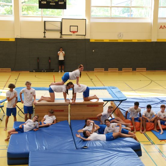 Eine Gruppe junger Athleten führt Gymnastikübungen auf blauen Matten in einer Turnhalle durch, wobei ein Mädchen einen Handstand auf einer Holzkiste macht.