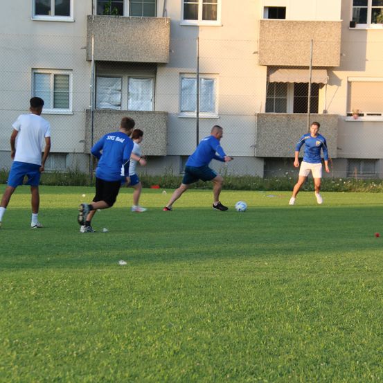 Fünf Männer in blauen und weißen Uniformen spielen Fußball auf einem gut gepflegten Rasenfeld, mit einem Gebäude im Hintergrund.
